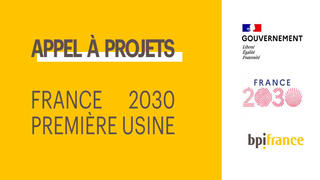 logo de BPI France et texte première usine sur fond jaune